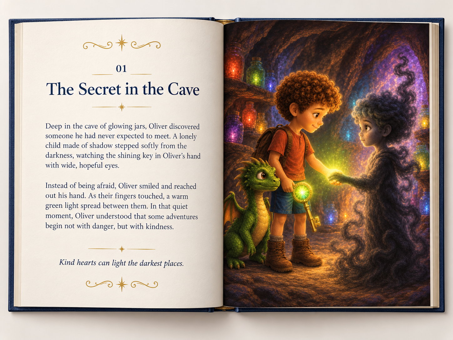 An open Rainbow Key storybook showing Oliver meeting a shadow child and a friendly dragon in a cave of glowing jars