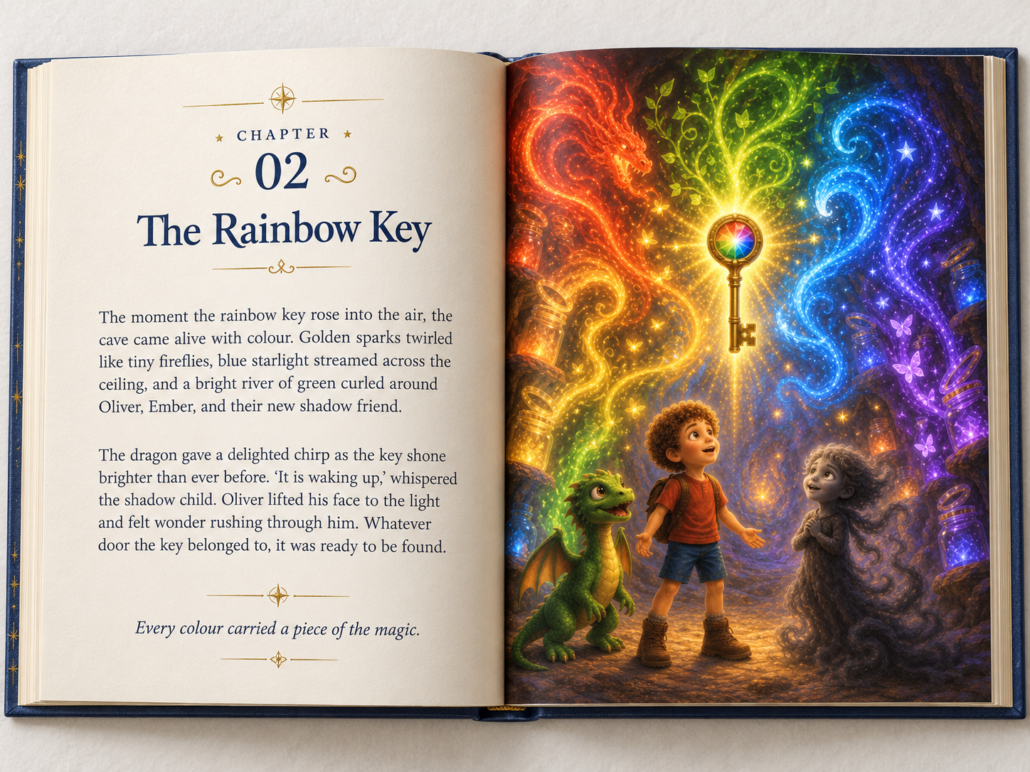 An open Rainbow Key storybook showing Oliver, a shadow child and a friendly dragon beneath a rainbow of magical colours