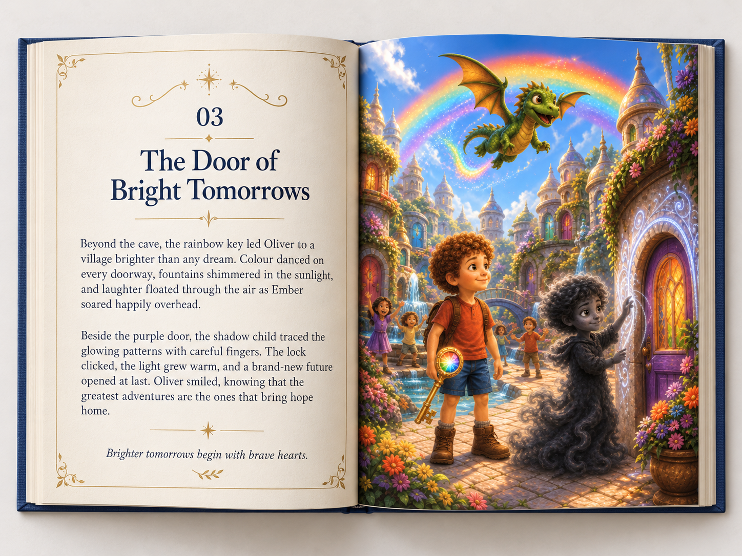 An open Rainbow Key storybook showing Oliver and his friends entering a bright rainbow village