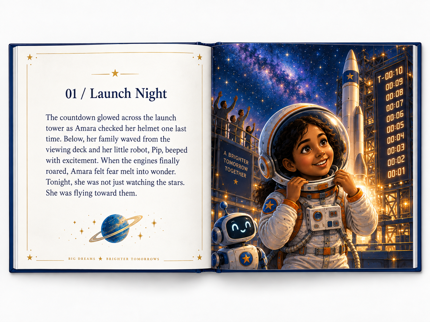 An open space storybook showing Amara preparing for launch night with her family and robot Pip