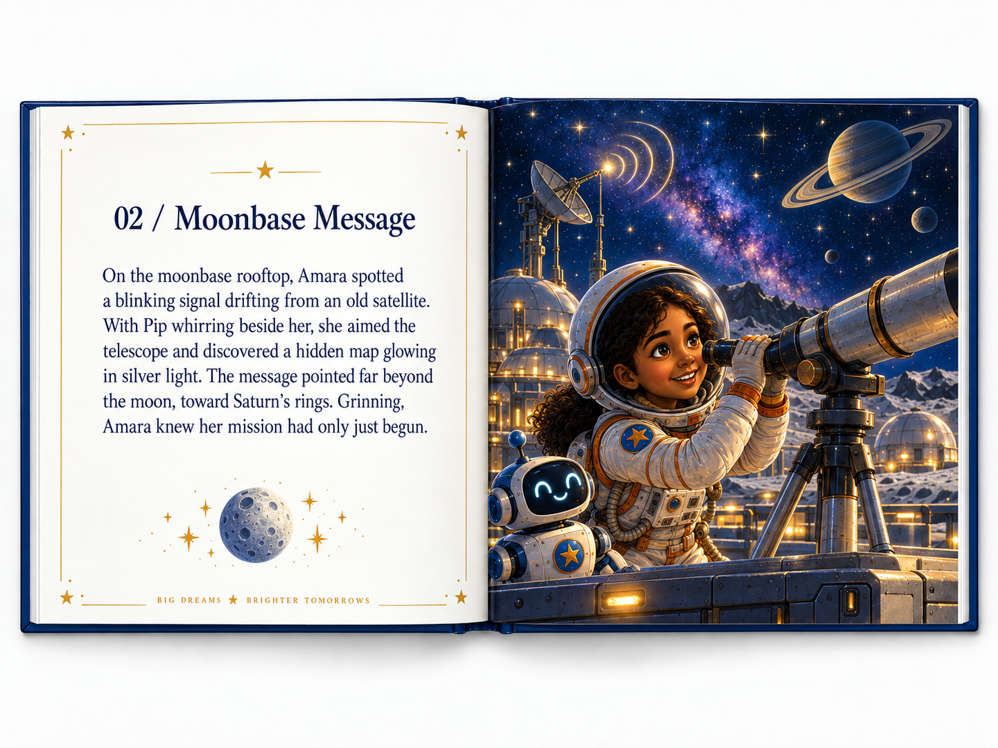 An open space storybook showing Amara and Pip discovering a hidden message from a moonbase