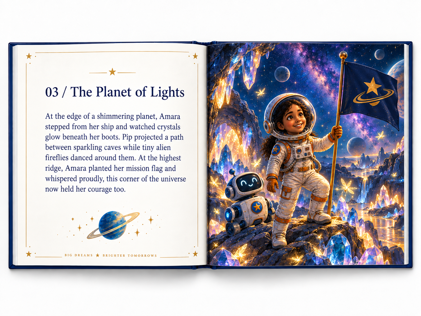 An open space storybook showing Amara planting her mission flag on a glowing crystal planet